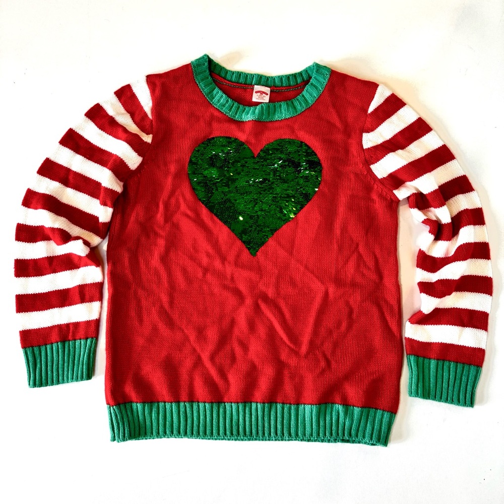 HOLIDAY TIME Christmas Sweater~Flip Sequin Green/Silver Heart~Girls L 10-12 PLUS